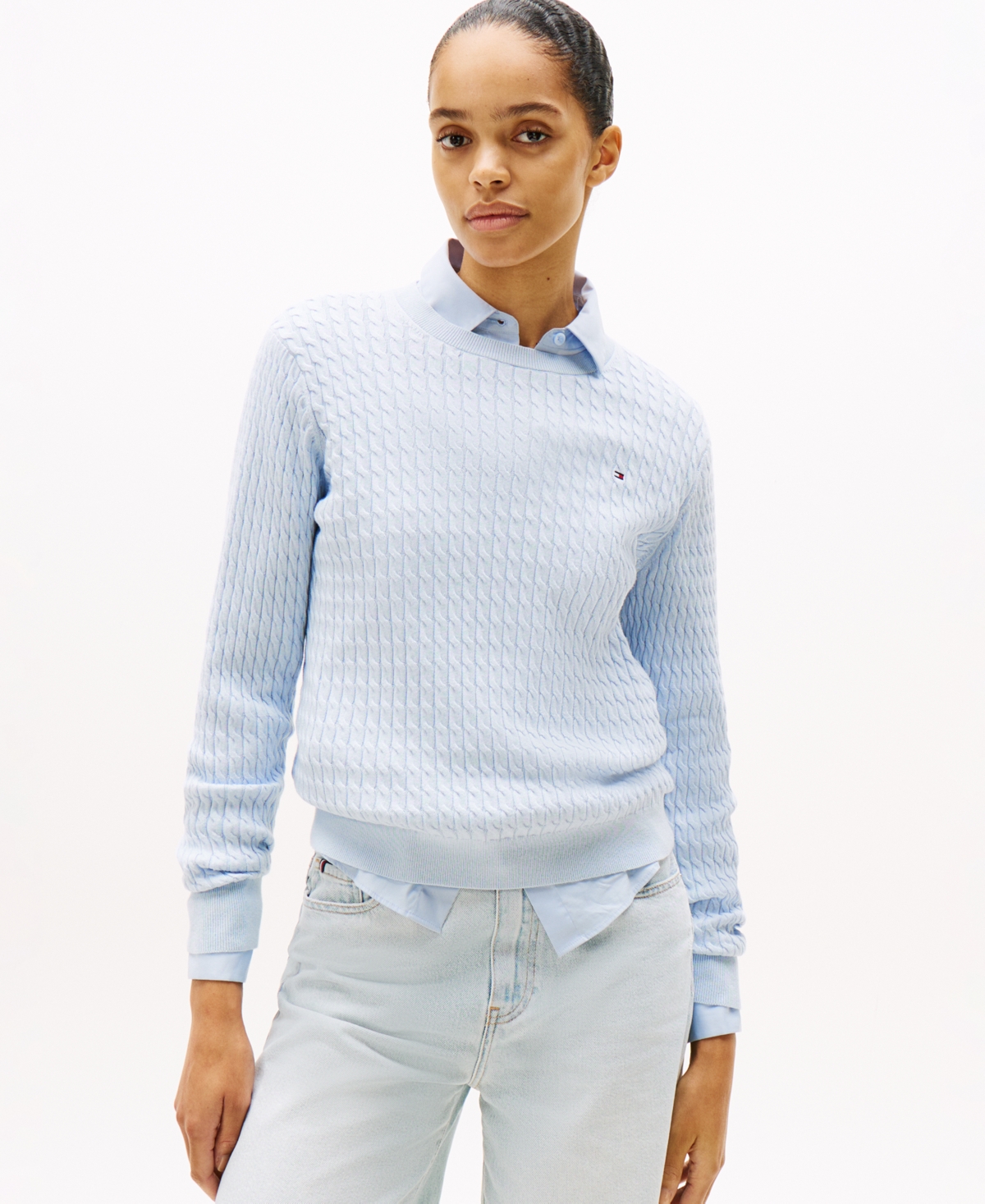 Tommy Hilfiger Women's Fine Gauge Cable Crewneck Top - Breezy Blue