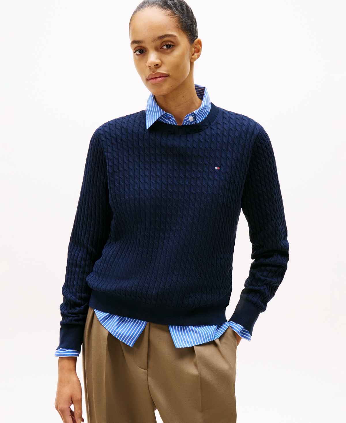 Tommy Hilfiger Women's Fine Gauge Cable Crewneck Top - Dark Night