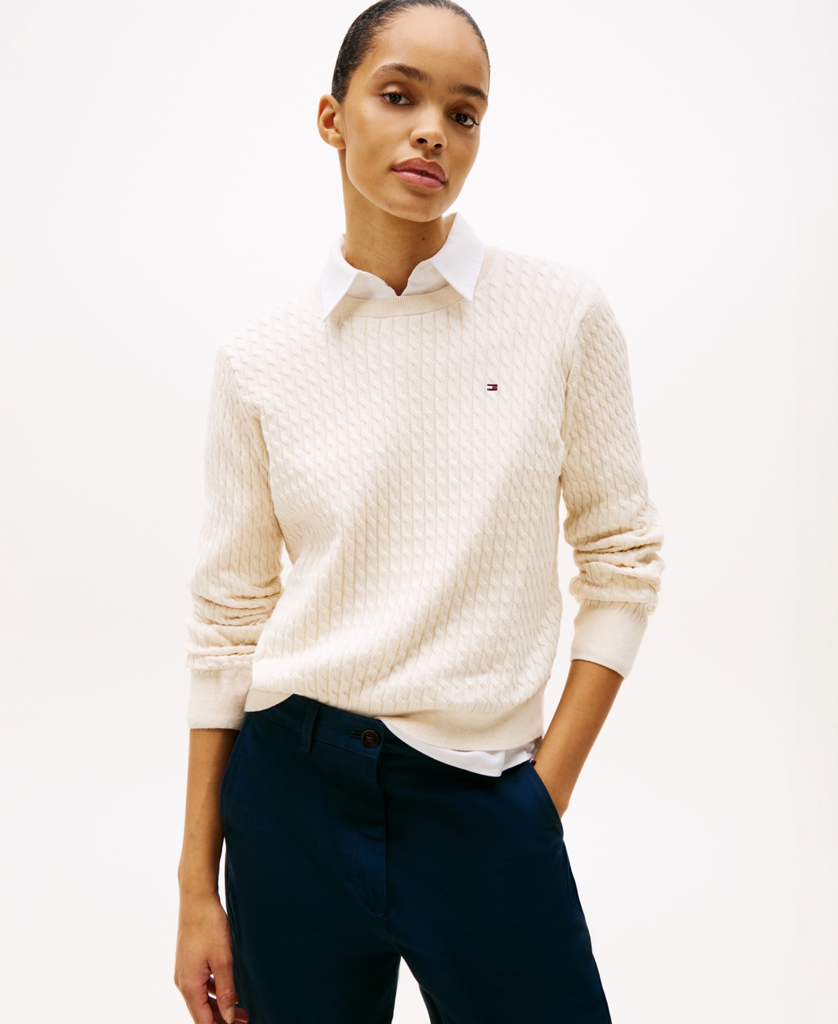 Tommy Hilfiger Women's Fine Gauge Cable Crewneck Top - Heather Ivory