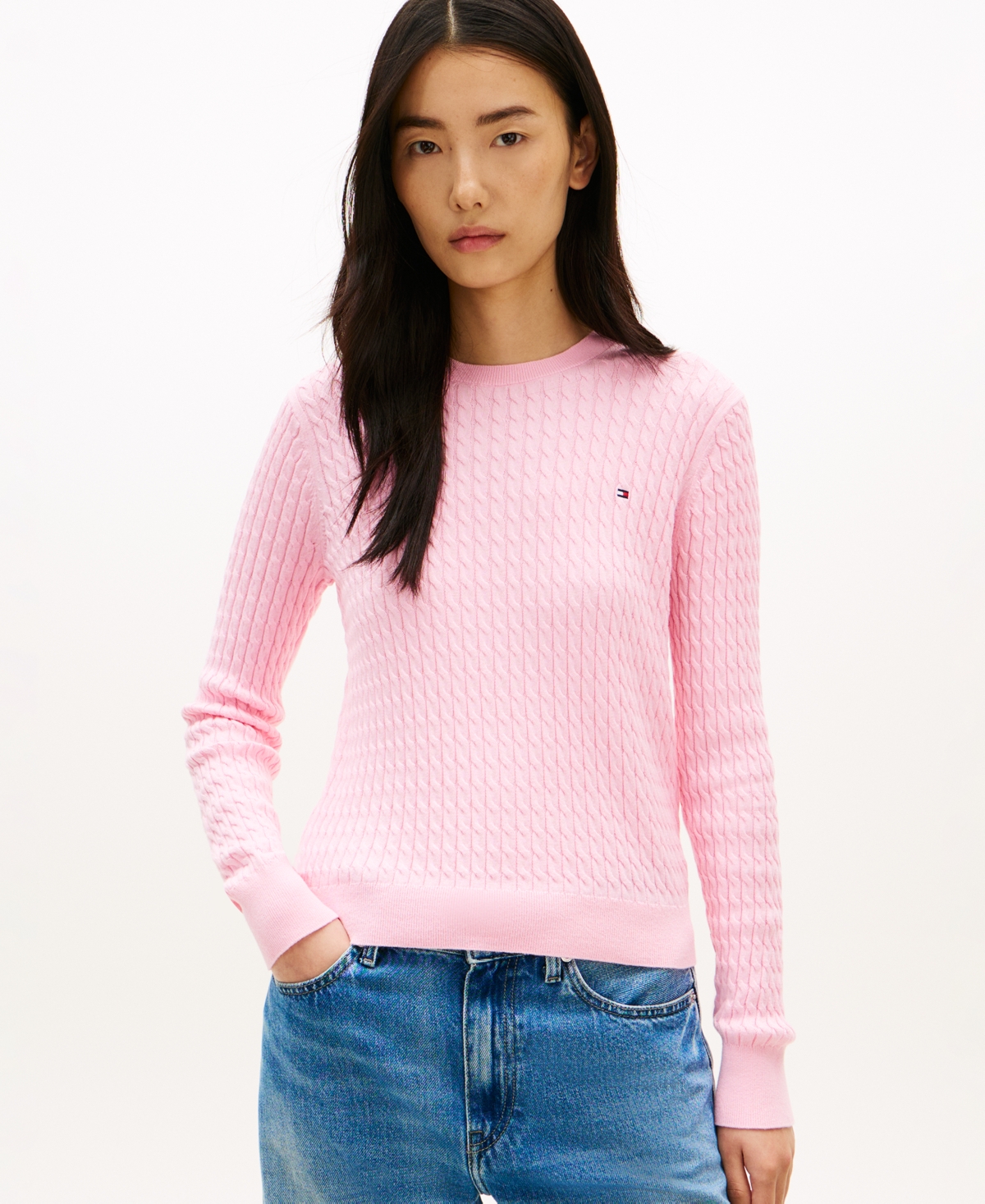 Tommy Hilfiger Women's Fine Gauge Cable Crewneck Top - Classic Pink