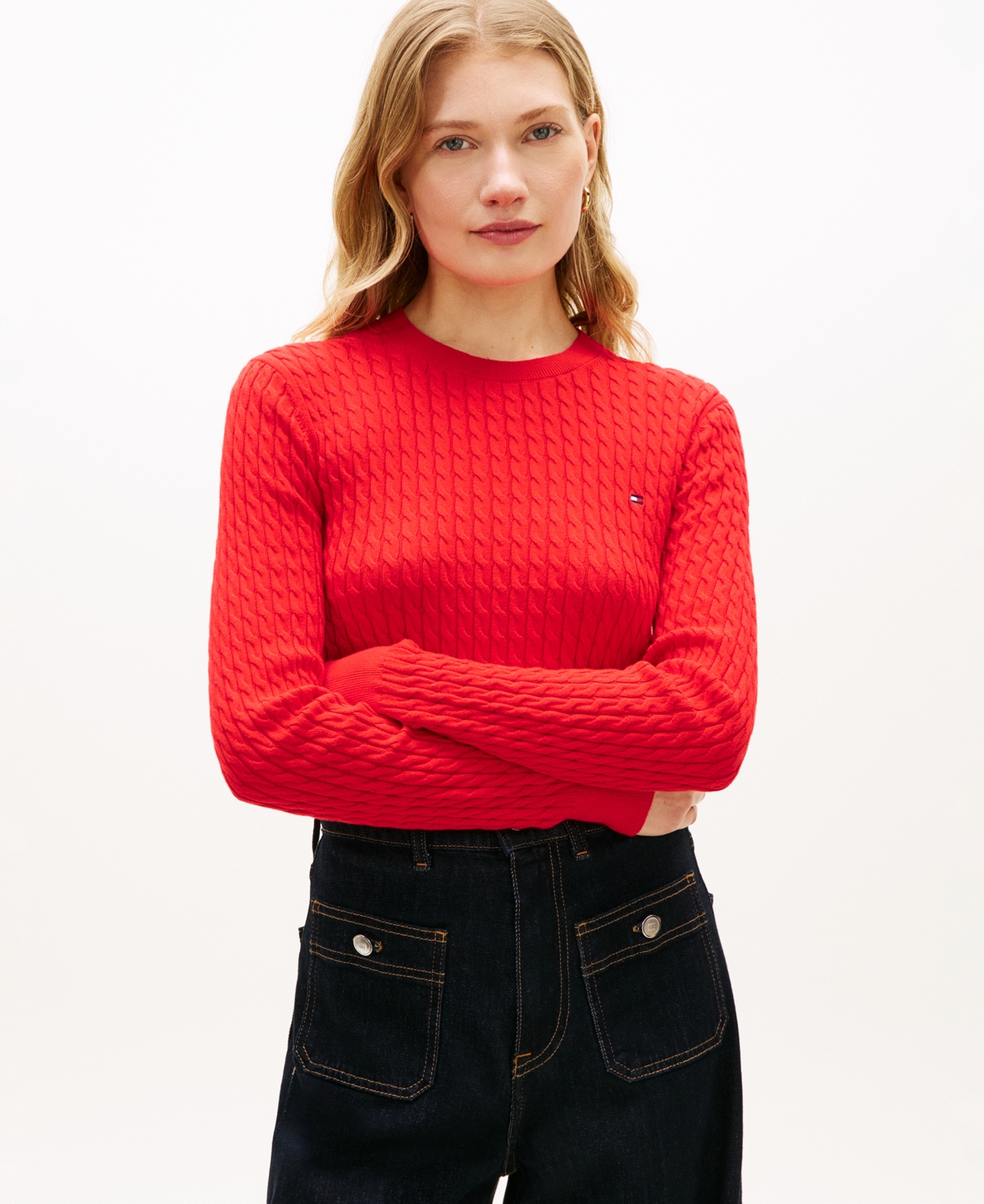 Tommy Hilfiger Women's Fine Gauge Cable Crewneck Top - Fireworks