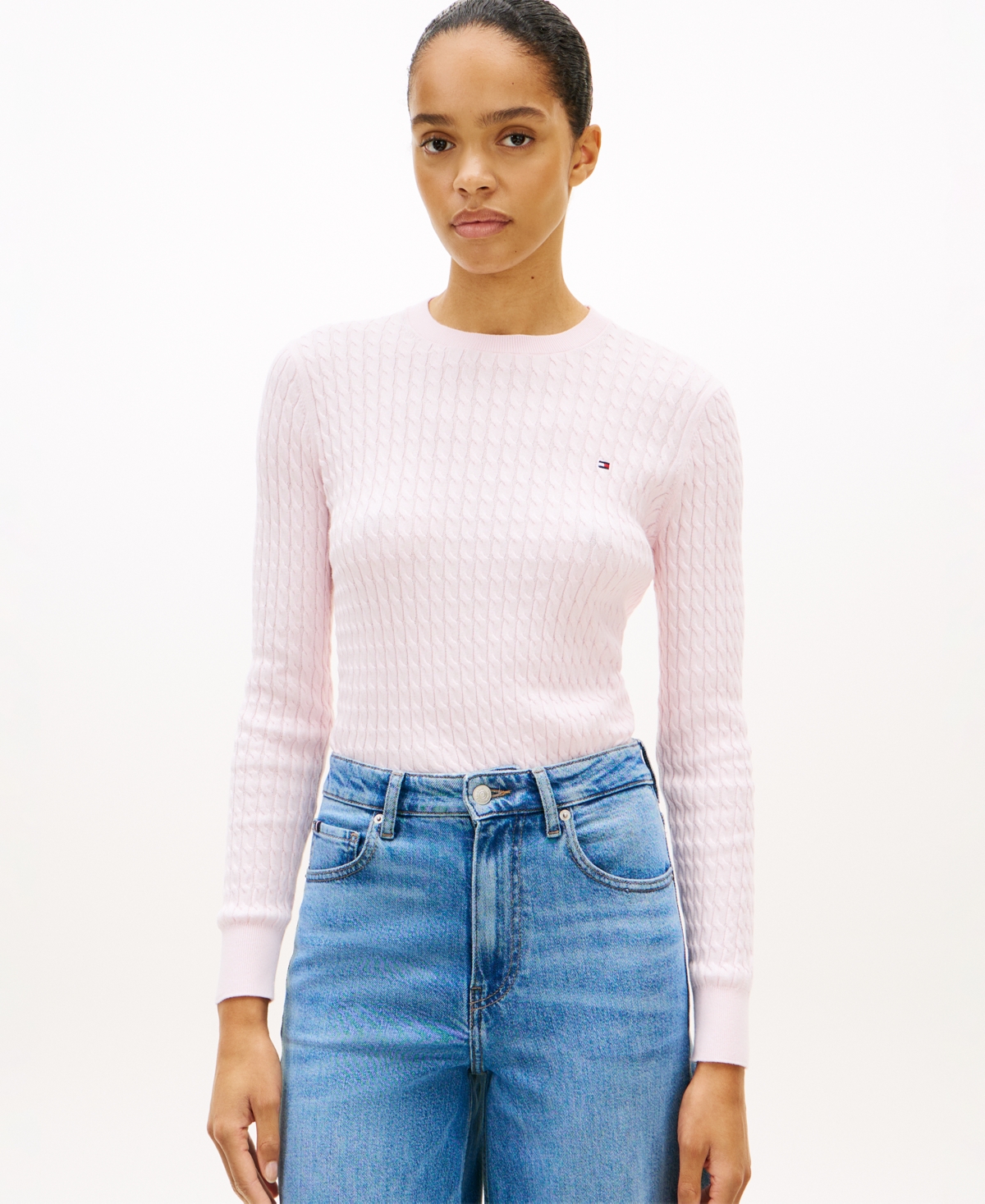 Tommy Hilfiger Women's Fine Gauge Cable Crewneck Top - Light Pink