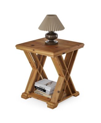 Solid Wood Side Table Set of 2, Farmhouse Narrow Nightstand, Small Square 2-Tier End Table for Living Room & Bedroom, Brown