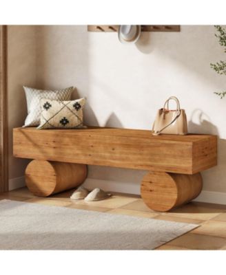 Solid Wood Entryway Bench, 59" Farmhouse Narrow Shoe Bench Seat with Thickened Seat & Cylindrical Legs, Indoor End of Bed, Brown