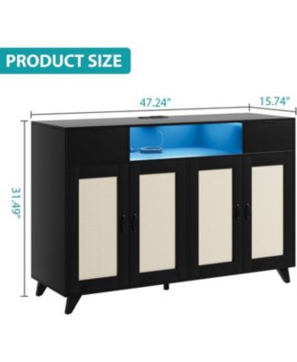Rattan Sideboard Buffet Cabinet, 4 Doors 2 Drawers, Built-in Power Outlet, Adjustable Shelves, Kitchen, Dining Room, Black