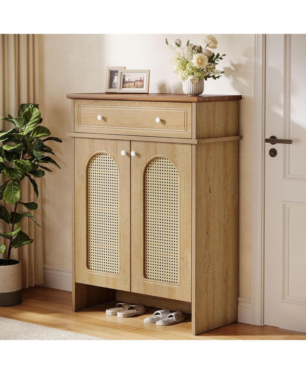 Tribesigns Shoe Cabinet with Doors, 6-Tier Shoe Rack with Drawer and Adjustable Shelves, 43.3" Tall Boho Farmhouse Shoe Storage Cabinet