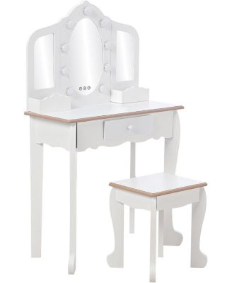 Kids Vanity Set with 3 Mirrors, Pretend Play Girls Vanity Table and Chair Set with Lighted Mirror, Stool, and Wood Makeup Playset