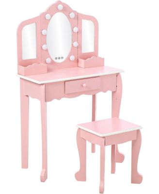 Kids Vanity Set with 3 Mirrors, Pretend Play Girls Vanity Table and Chair Set with Lighted Mirror, Stool, and Wood Makeup Playset