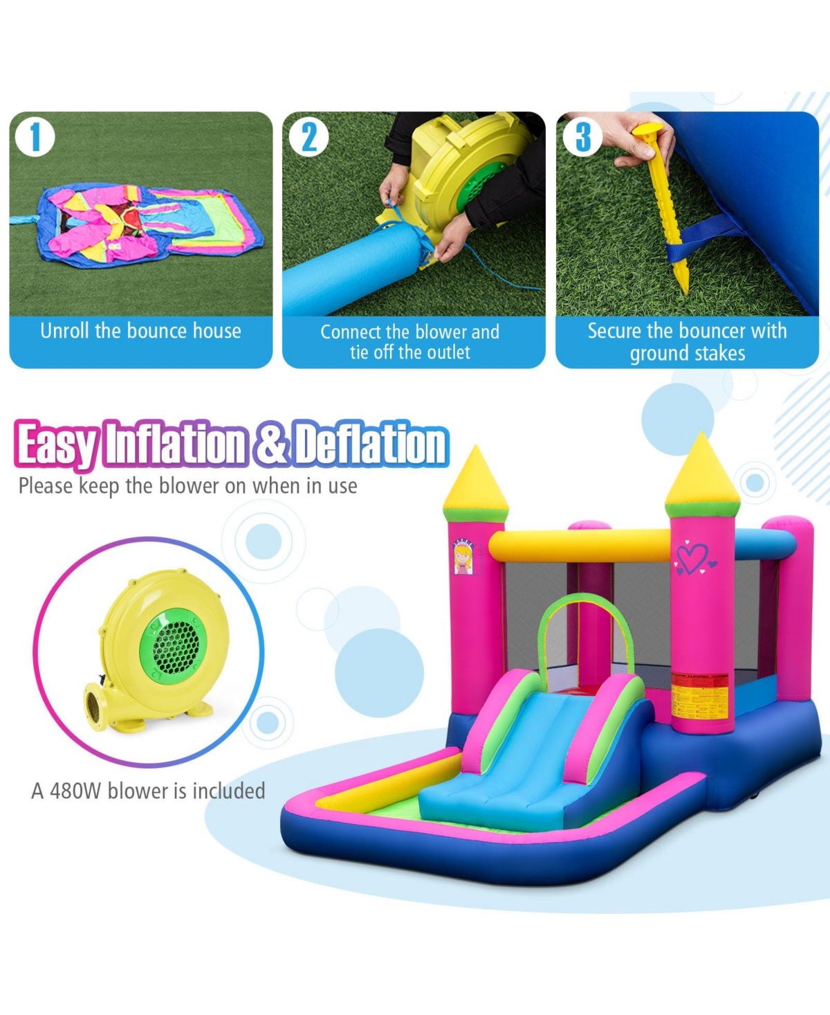 Hongge Inflatable Princess Castle Bounce House with Slide, Ball Pit & Hoop"