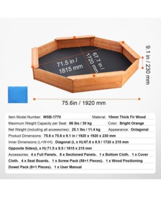Wooden Octagonal Sandbox w/ Cover, 75.6" x 75.6" x 9.1", 4 Seats & Bottom Liner, Ages 3-12