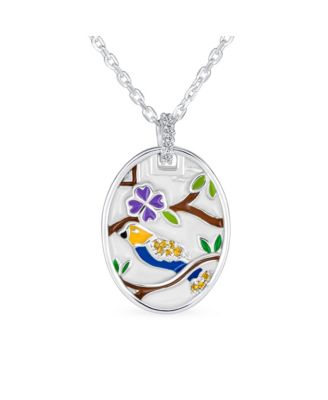Oval Inlay Style Nature Bird Cameo Pendant Necklace .925 Sterling Silver