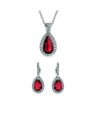 Solitaire Teardrop Halo Ruby Red CZ Pendant Necklace Earrings Jewelry Set