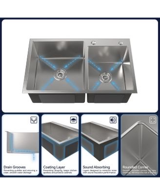 32inch Overmount Double Bowl Brushed Nickel 304 Stainless Steel Handmade Kitchen Sink LS SSBR03 with US Standard Drain and Hook