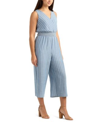 Juniors' Striped Surplice Sleeveless Smocked Jumpsuit