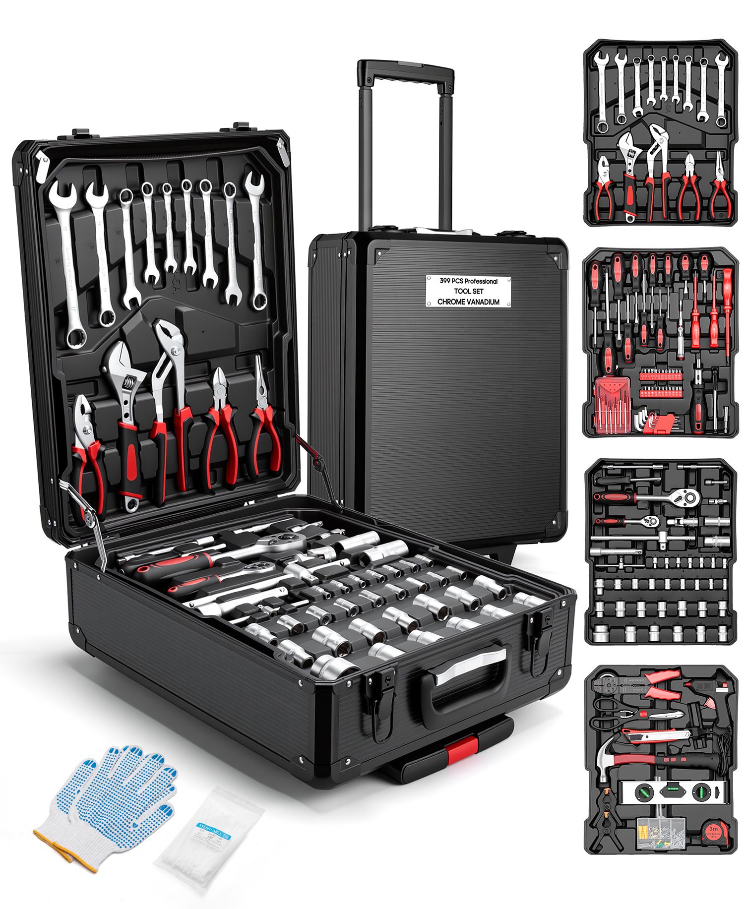 INOLAIT 399-Piece Rolling Tool Set with Wheels, Aluminum Case and 4 Drawers, Metric Home and Auto Repair Tool Kit