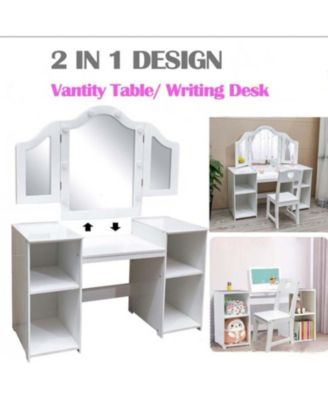 Kids Vanity with Lights,2 in 1 Princess Makeup Desk & Chair Set, Lighted Mirror, Storage Shelves & Cabinet