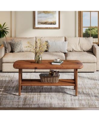 Solid Wood Coffee Table, 47.24” Mid-Century Modern Rectangle Living Room Table, 2-Tier Center Table for Living Room