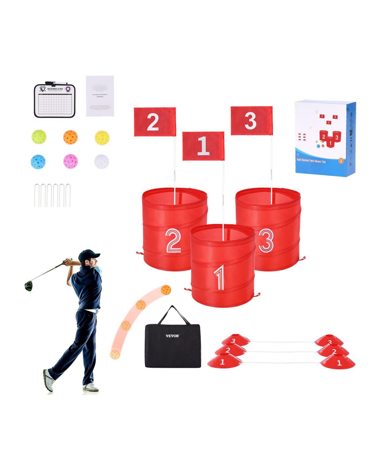 Детские игрушки HONGGE Portable Nine-Hole Golf Yard Game Set with Adjustable Tee Positions, Ages 6+, цвет: Красный — фото 9