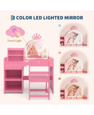 Kids Vanity Table and Chair Set with Mirror and Lights,Makeup Vanity Desk with Drawer and ,Dressing Table for Little Girls Bedroom