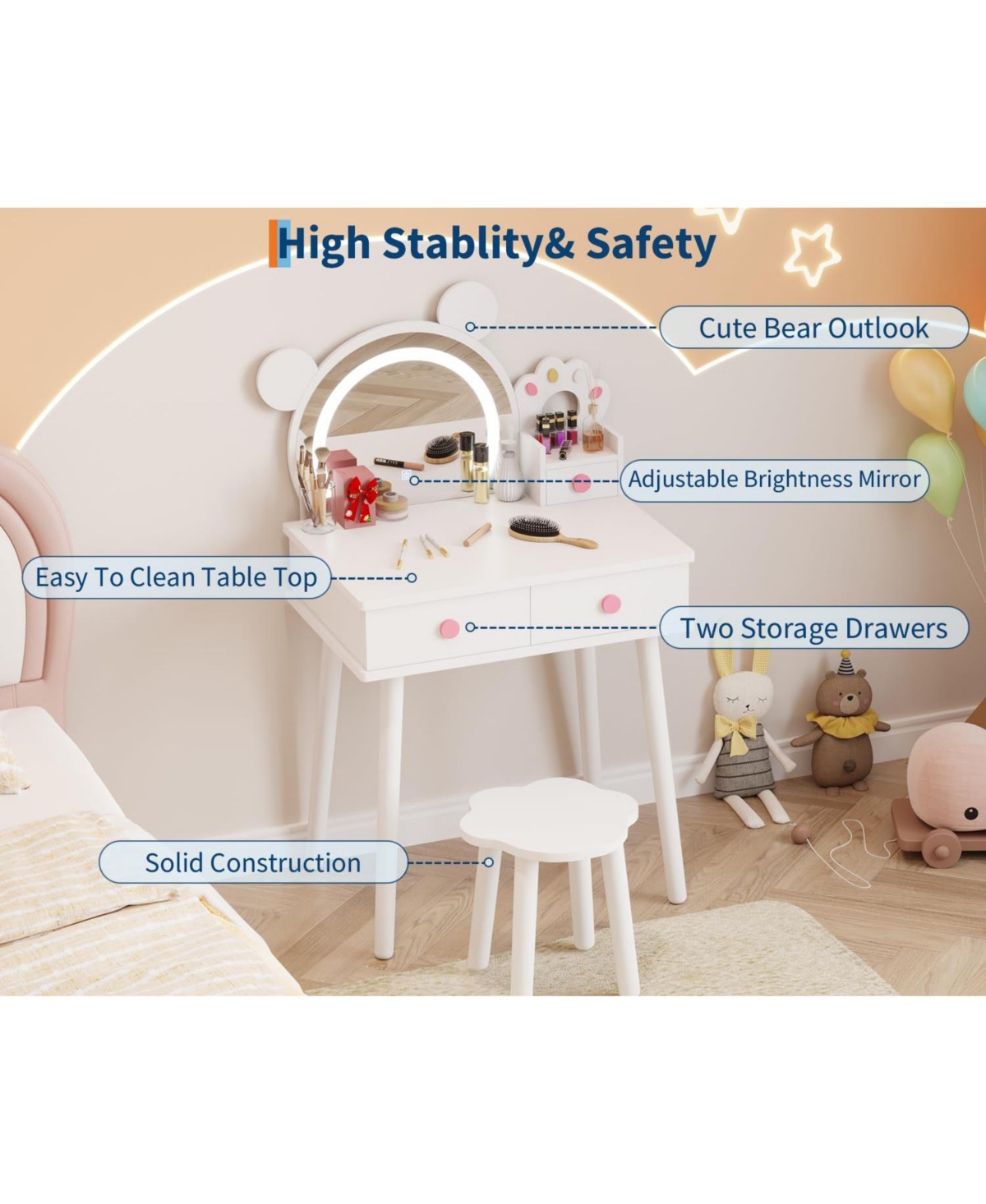 gaomon Lighted Mirror Kids Vanity Table and Chair Set