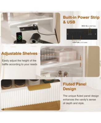 Fluted Vanity Desk with Mirror and Lights, Makeup Vanity Desk with 5 Drawers & Adjustable Shelves