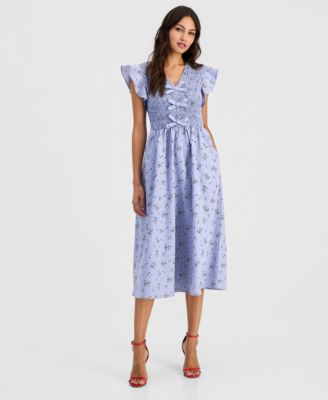 Women's Printed Smocked Flutter Sleeve Midi Dress