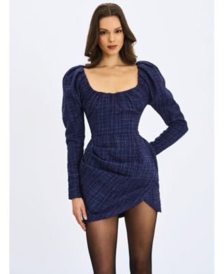 Women's Denise Navy Tweed Ruched Puff Sleeve Mini Dress