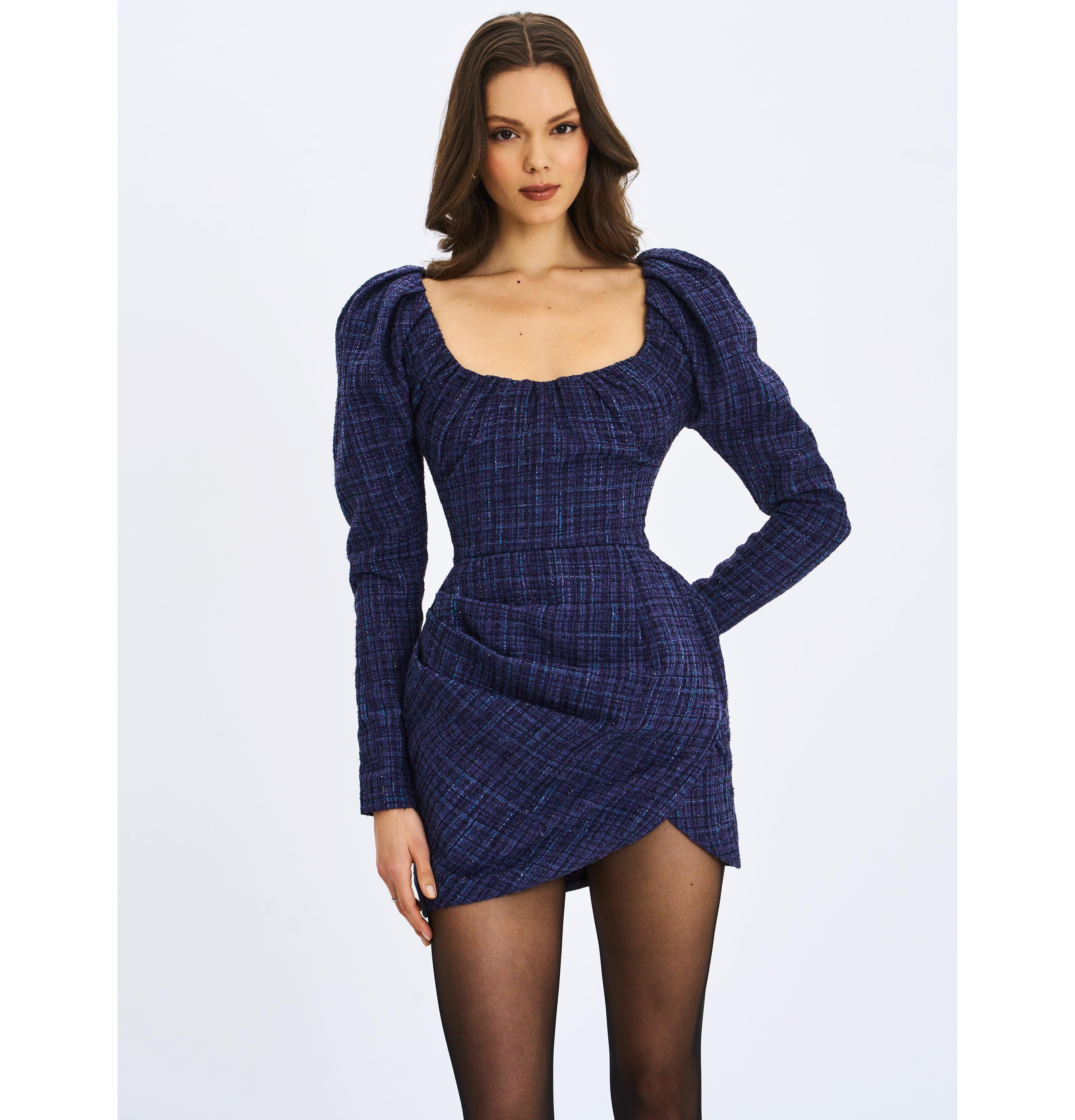 Miss Circle Women's Denise Navy Tweed Ruched Puff Sleeve Mini Dress