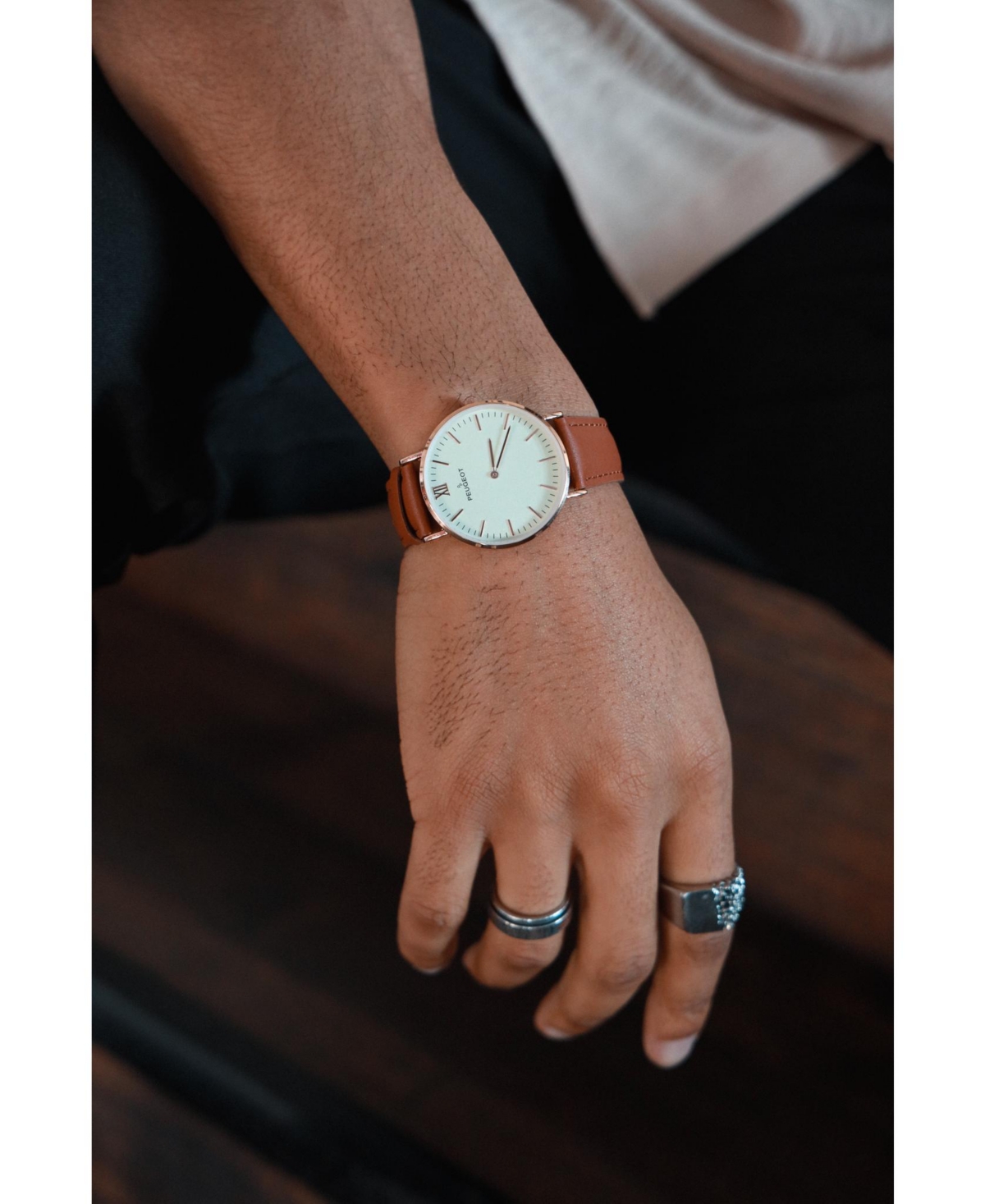 Peugeot Men's 40mm Rose-Gold Super Slim Case Leather Strap Watch