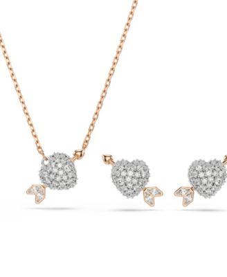 Mixed Cuts, Heart with Arrow, White, Rose Gold-Tone Plated Necklace and Earring Set