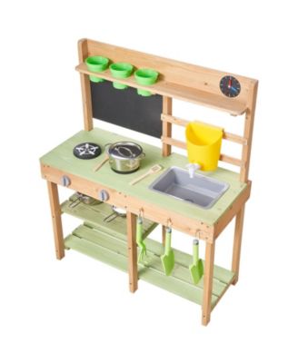 Kids Outdoor Mud Kitchen, Wooden Play Kitchen with Stove, Tank & Sink, Shovels, Spatulas, Box, Cookware Pots & Accessories