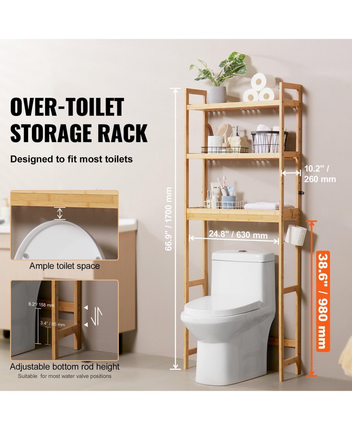 Volenca Over-The-Toilet Storage Shelf, 3-Tier Bathroom Space Saver Organizer Rack