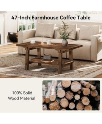 Solid Wood Coffee Table, 47-Inch Rustic Coffee Table for Living Room, 2-Tier Wood Farmhouse Rectangle Center Table with Storage