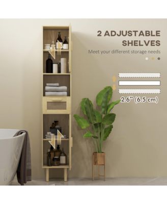 1Pc Rattan Doors, Adjustable Shelves & Slim Design Tall Bathroom Storage Cabinet