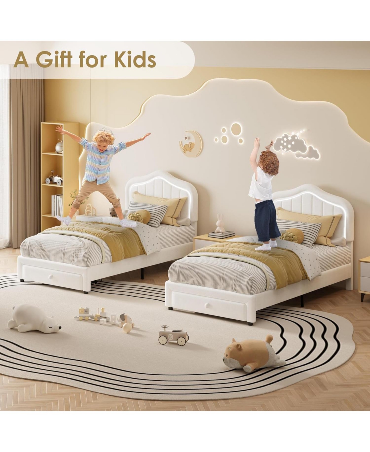 gaomon Twin Led Bed Frame with Storage & Rgb Lights - Upholstered Platform for Kids, Soft Fleece Fabric, No Box Spring Needed