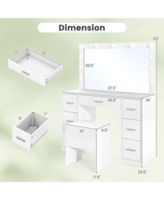 Vanity Desk with Mirror and Lights Storage Stool Power Outlets 3 Lighting Colors
