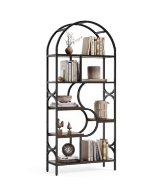 6-Shelf Bookcase, 71" Industrial Arched Bookshelf, Farmhouse Freestanding Open Display Shelf, Tall Bookcase