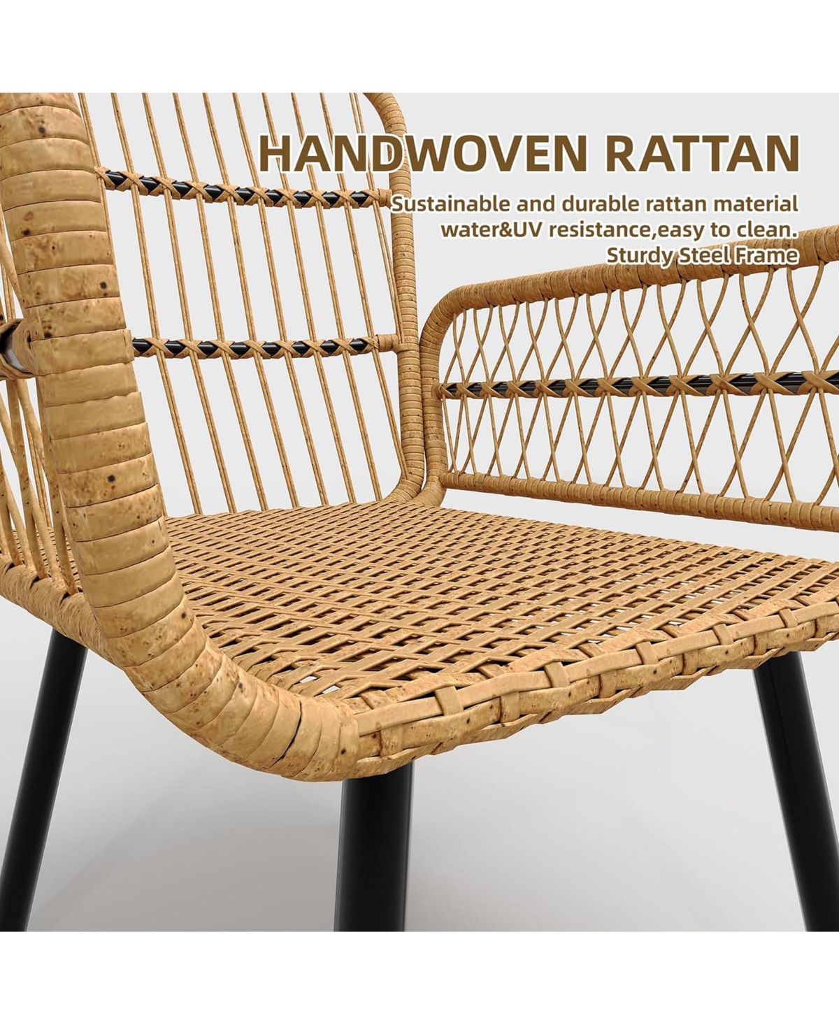 gaomon 3 Piece Outdoor Wicker Patio Bistro Set, Rattan Conversation Set with Glass Top Coffee Table