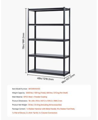 5-Tier Garage Storage Shelves, 18"D x 48"W x 78"H, 3000 lb Capacity, Adjustable Metal Utility Shelving Rack, Black