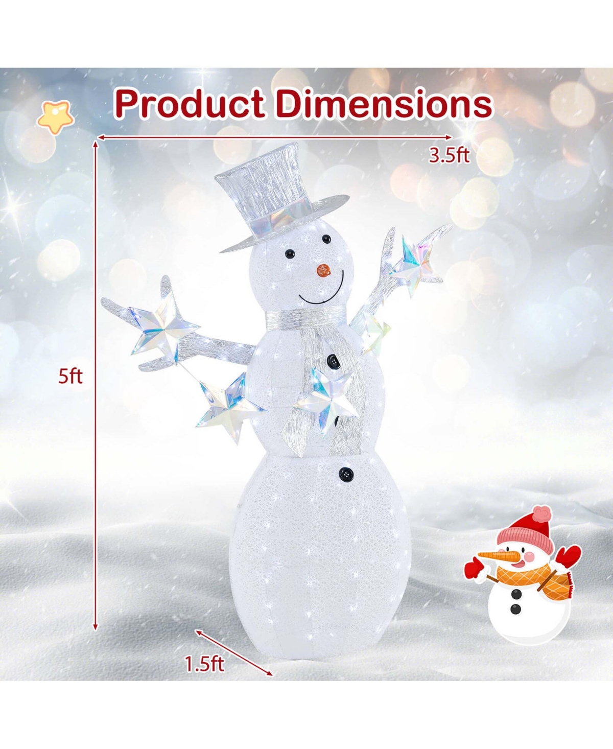 Costway 5 Ft Lighted Snowman with Hat Scarf & Stars Zip Ties & Ground Stakes 140 Led Lights