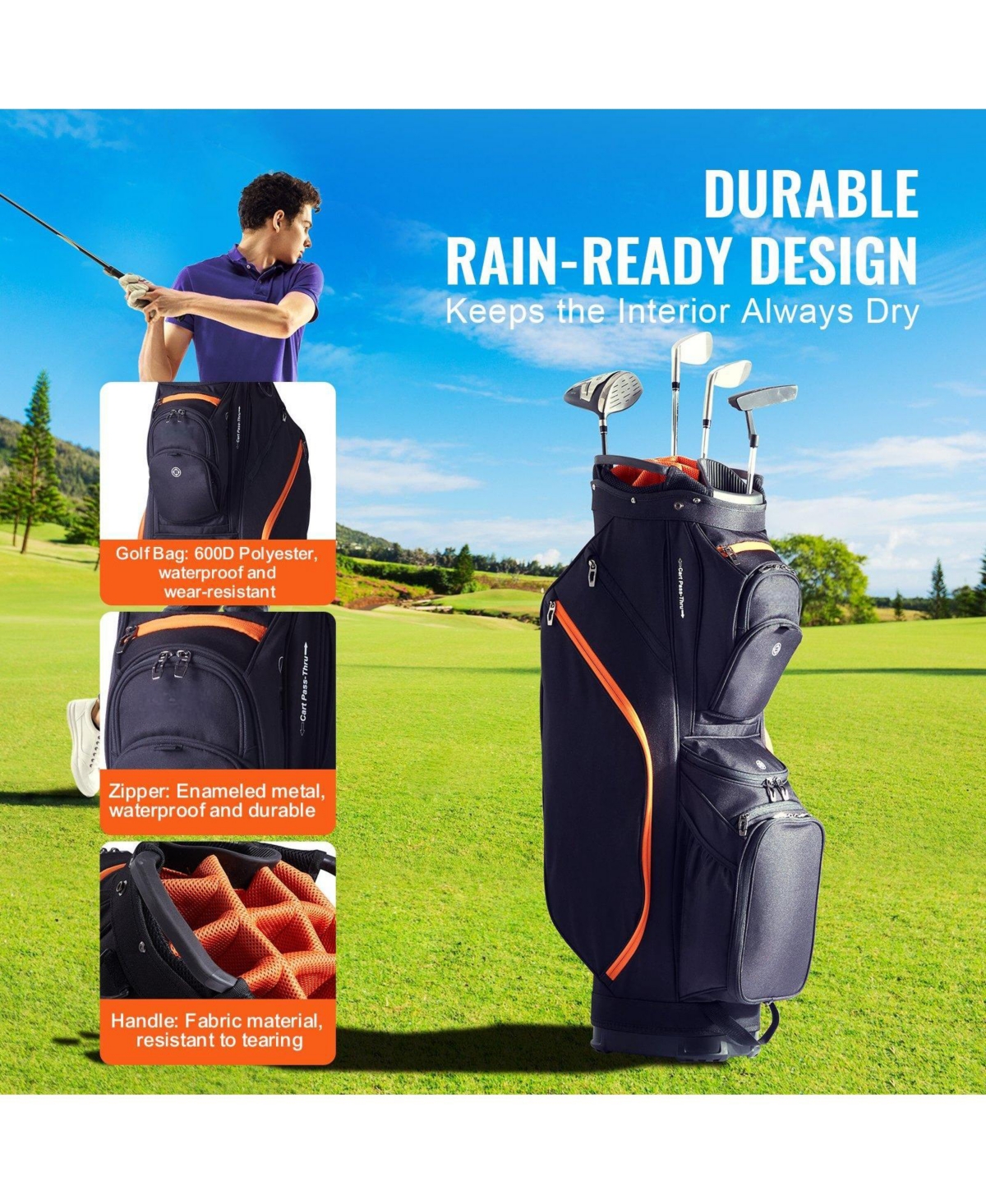 Mecale Golf Cart Bag, 14-Way Divider Top, 36", 13 Pockets, Handles, Dust Cover & Detachable Straps, Black & Orange