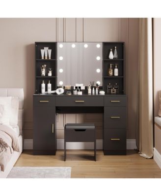 Farmhouse Vanity Set with Lighted Mirror,56 Inch Modern Makeup Vanity with Charging Station&Storage Shelves