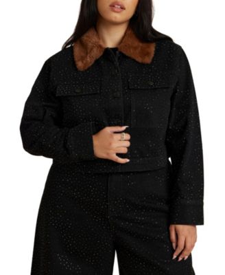 Women's Embellished Denim Jacket With Fur Collar