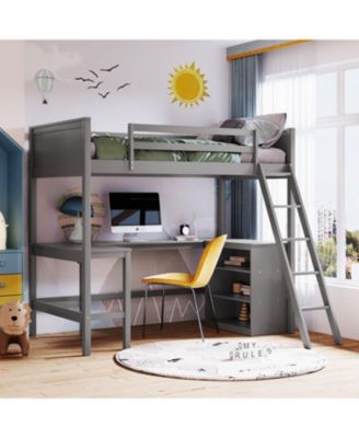 Twin Size Loft Bed With Shelves And Desk, Wooden Loft Bed With Desk