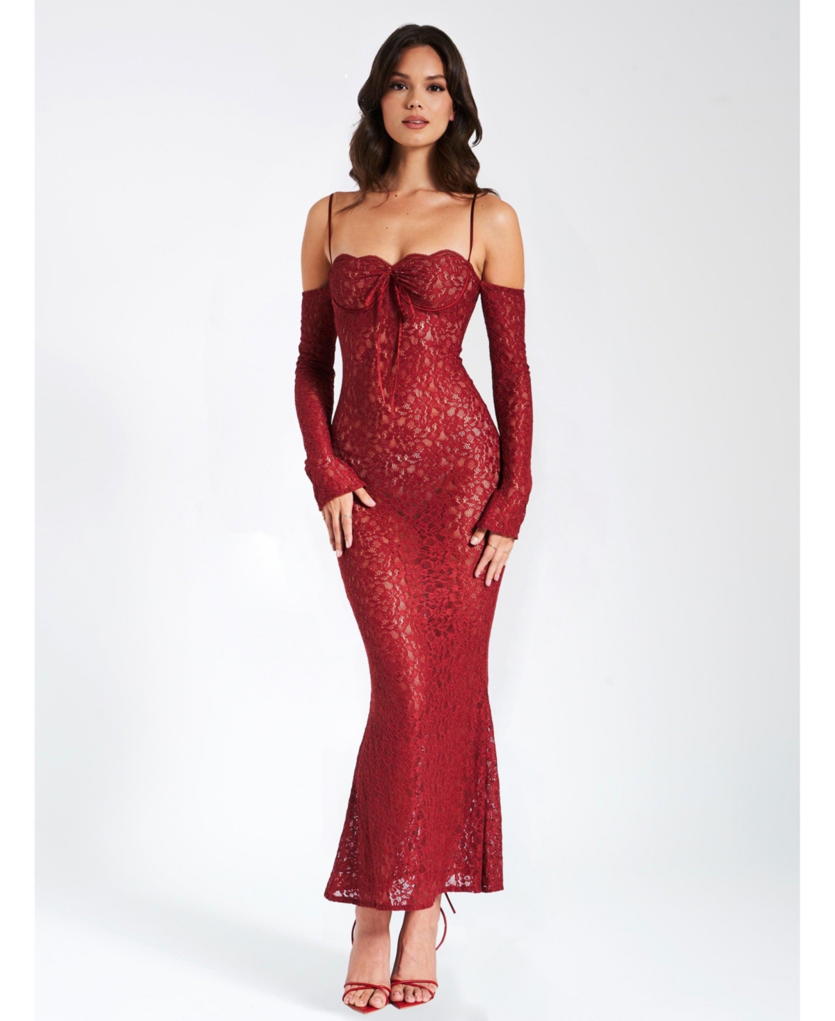 Miss Circle Women's Udaya Burgundy Lace Long Sleeve Maxi Dress