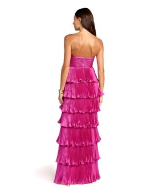 Women's Petite Pleated Charmeuse Strapless Tiered Ruffle Gown