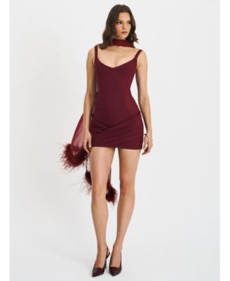 Women's Tori Wine Red Pleated Mini Dress with Chiffon Scarf