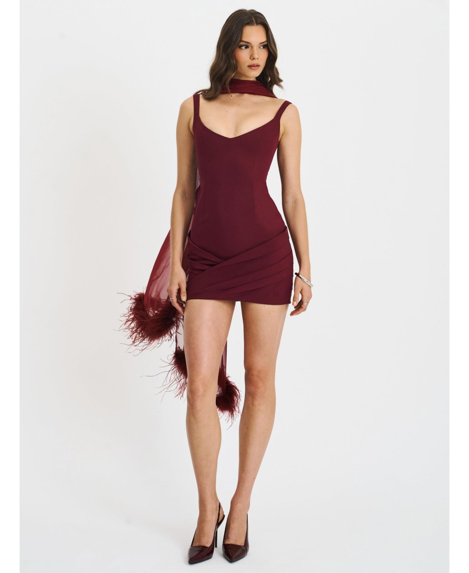 Women's Tori Wine Red Pleated Mini Dress with Chiffon Scarf