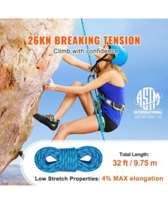 10.5 mm Static Climbing Rope, 9.7M (32ft), 25KN Breaking Tension, Fiber Rope with Steel Snap Hooks, Blue
