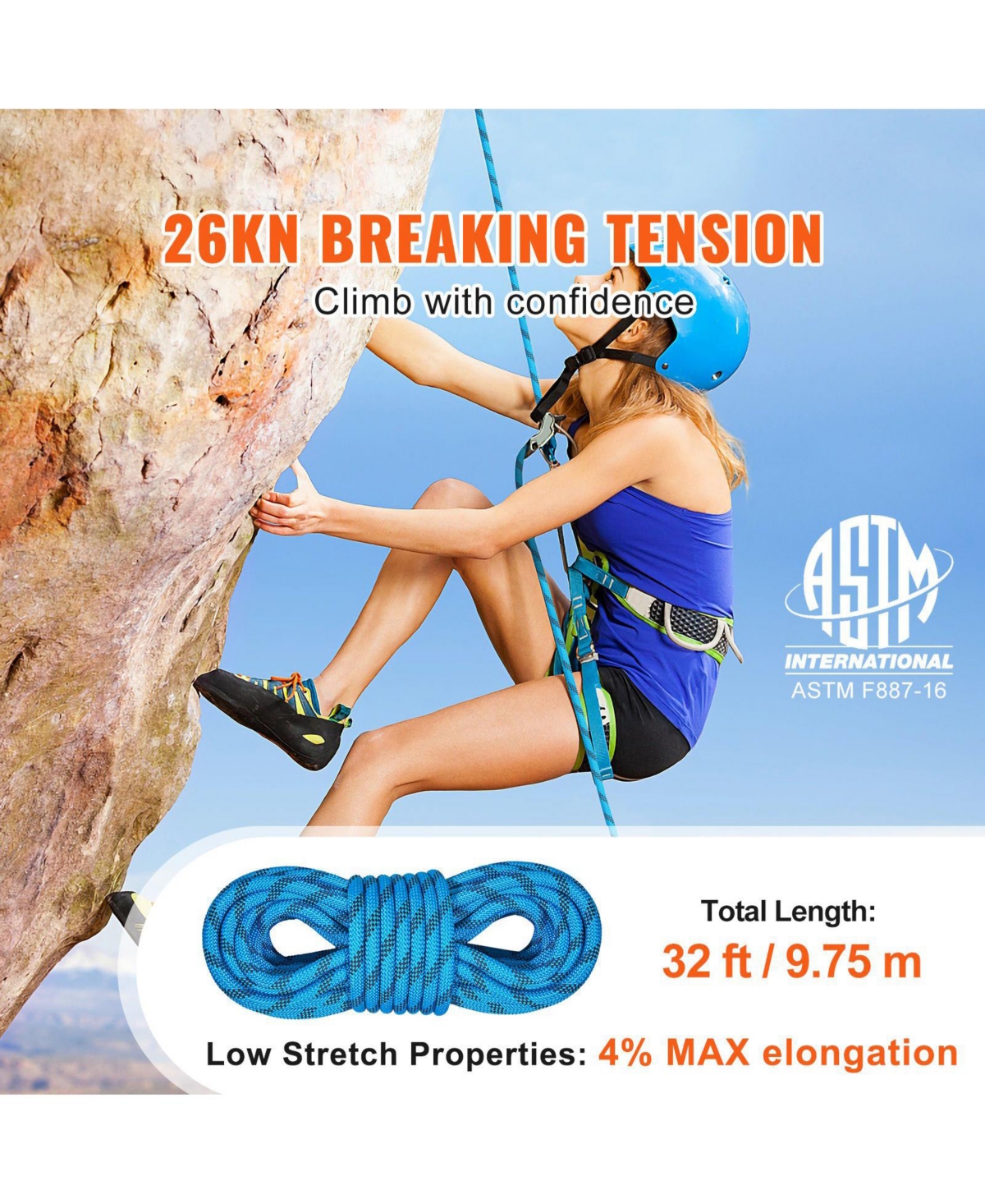 Mecale 10.5 mm Static Climbing Rope, 9.7M (32ft), 25KN Breaking Tension, Fiber Rope with Steel Snap Hooks, Blue